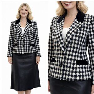 One and One Houndstooth Wool Blazer XL 14 Black White Velvet Collar
